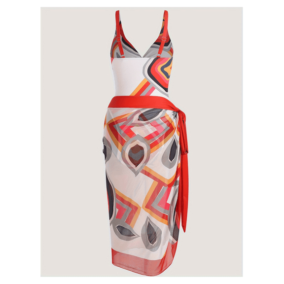 Women's One Piece Swimsuit Elegant Geometric Print Twist Front Bathing Suit Side Slit Red Swimwear for Ladies