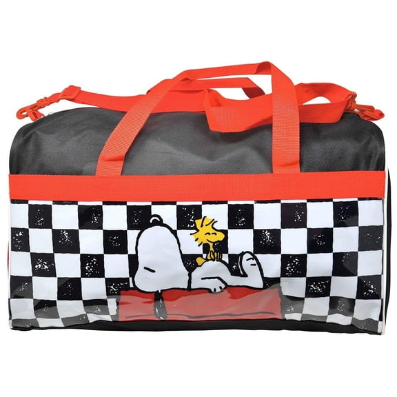 Peanuts Snoopy and Woodstock Checkered Duffle Bag, for Travel, School, Sports, Daycare, or Vacation