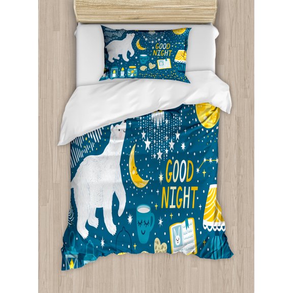 Sleep Duvet Cover Set Twin Size, Night with Polar Bear Snowy Owl Moon Stars Pattern Winter Theme, Decorative 2 Piece Bedding Set with 1 Pillow Sham, Slate Blue Yellow, by Ambesonne