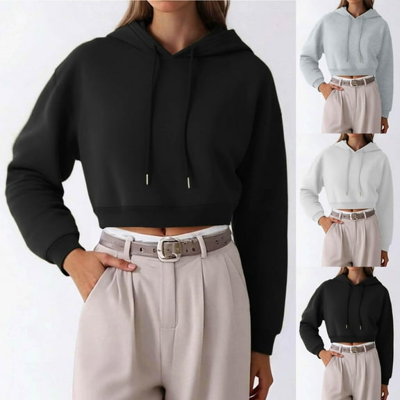 VEKDONE Cropped Hoodie Sweatshirts for Women Long Sleeve Drawstring Hooded Pullover Y2k Sweatshirt Solid Cozy Fleece Hoodies