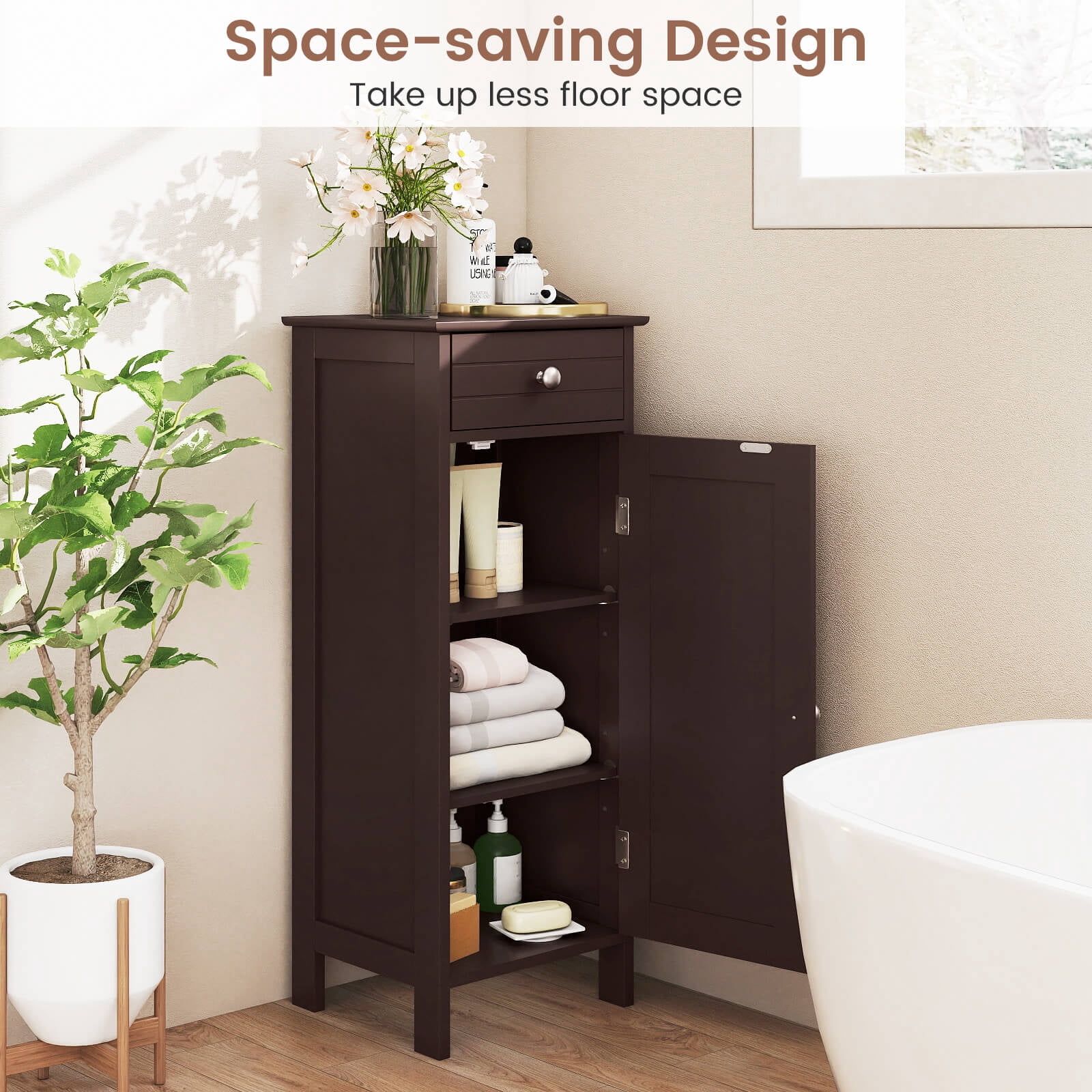 Costway Bathroom Storage Floor Cabinet Organizer Free-Standing w/ Drawer Brown