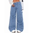 thumbnail image 3 of Women'S Ribbon Tie Detail Utility Style Jeans Casual Straight Wide Leg Denim Trousers Light Blue L, 3 of 9