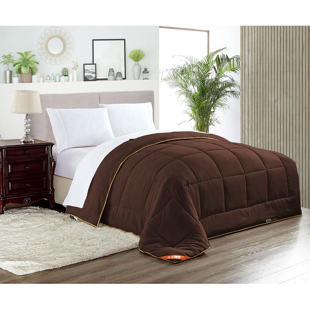 Queen Comforter Solid Chocolate 300 GSM Plush Siliconized Microfiber Fill Duvet Insert With 1000 Thread Count Egyptian Cotton Shell Fluffy Soft with Premium Piping & Matching Pillowcases