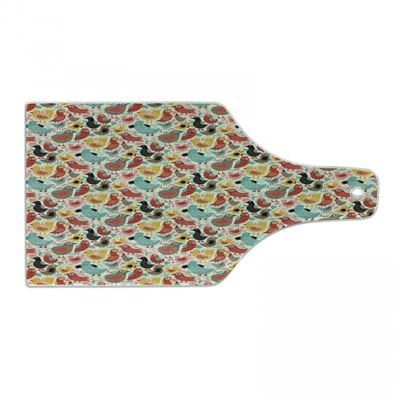 Birds Cutting Board, Whimsical Birds in Different Colors and Swirled Motifs Composition, Decorative Tempered Glass Cutting and Serving Board, Wine Bottle Shape, Multicolor, by Ambesonne