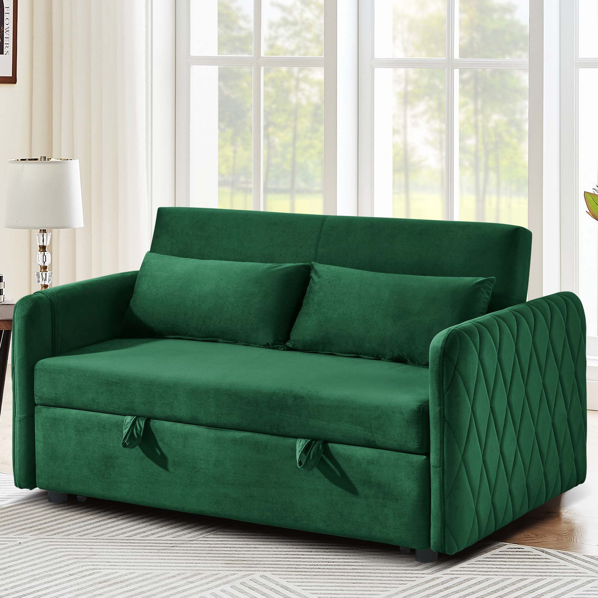 DEALTOPS 55" Modern Pull Out Loveseat Sofa Bed with 2 Detachable Arm Pockets, Green