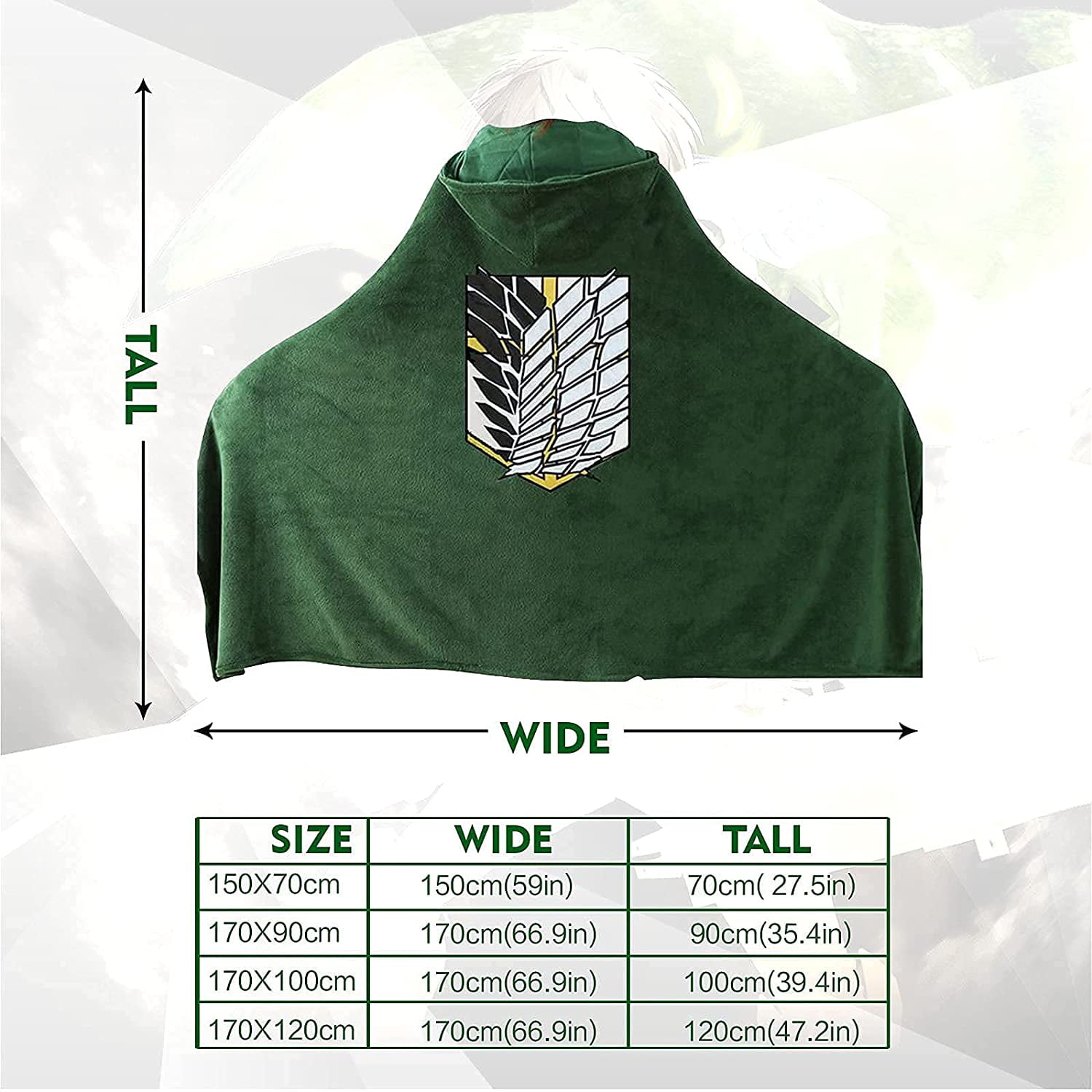 Wearable Blanket Attack on Titan Cape: Cloak Throw Cosplay Costume Halloween Hooded Robe Hood Poncho Plush Green Soft Warm Anime Cozy Angel Wrap Funny Shawl Fleece Adult Kid 66.9 x 39.4 Inch
