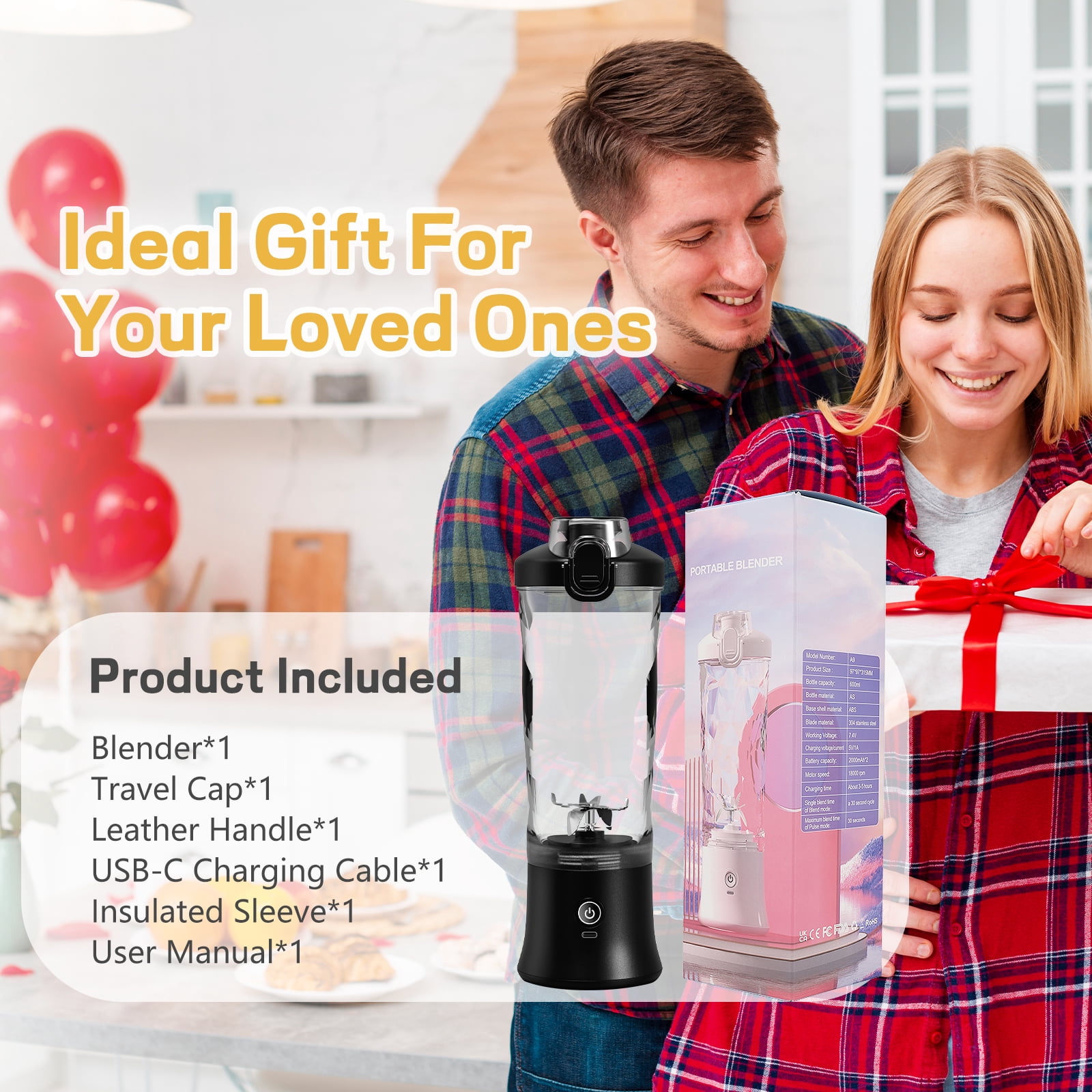 Portable Blender Personal Juicer for Shakes and Smoothies - 20 OZ Electric Protein Shaker Bottle with Insulated Sleeve, Travel Lid, USB-C Rechargeable - Mini Small Blender Cup for Kitchen,Office,Gym