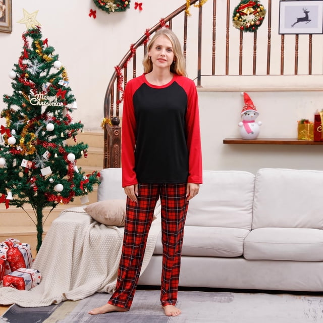 EQWLJWE Pyjamas de Noël Assortis pour la Famille Ensembles pour Femmes Col Rond Manches Raglan Imprimé à Carreaux Ensemble de Pyjama Vacances Famille Manches Longues Tenues de Nuit Vêtements de Maison Ensemble Deux Pièces Maman
