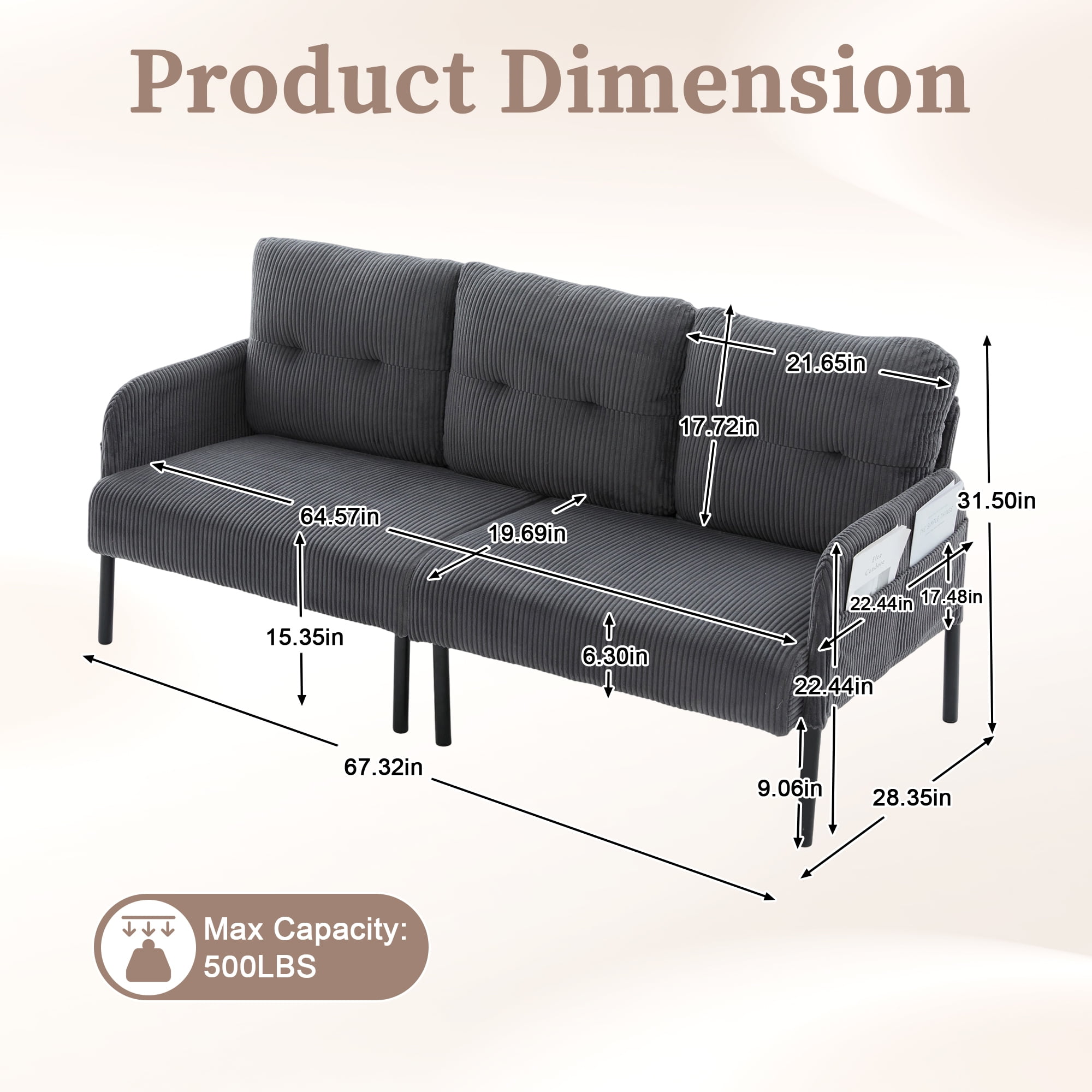 Jopath Oversized Loveseat, Double-Seater Sofa Cozy Bedroom Sofa with Metal Legs and Side Pockets for Living Room Bedroom Dorm Apartment Carbon Gray