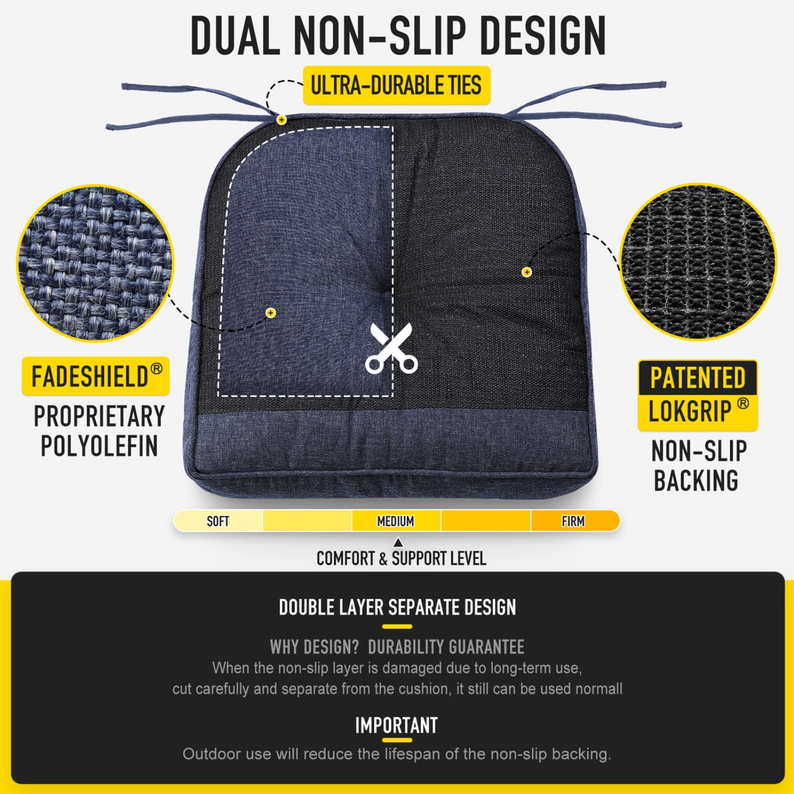 SUNROX Memory Foam Jumbo Rocking Chair Cushions, Set of Seat & Back Cushion with Ties for Indoor/Outdoor Rocker, FadeShield Water Resistant Non Slip Durable Tufted Pads, 2 Piece, Heather Indigo