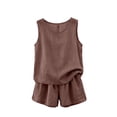 thumbnail image 5 of NMMUED Womens 2 Piece Summer Linen Outfits Short Sets Round Neck Sleeveless Tank Top Elastic High Waisted Shorts with Pockets Two Piece Linen Sets for Women Coffee M, 5 of 8