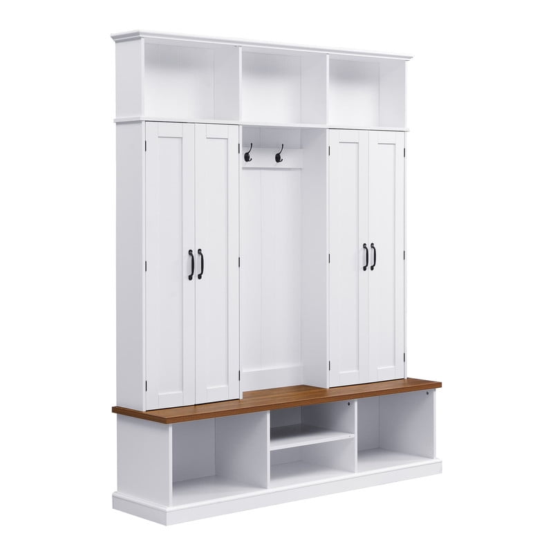 Farmhouse Hall Tree with Top Cubbies, Entryway Bench with Open Compartments, 62.2'' W Coat Rack with Hooks and Cabinets for Hallway Mudroom