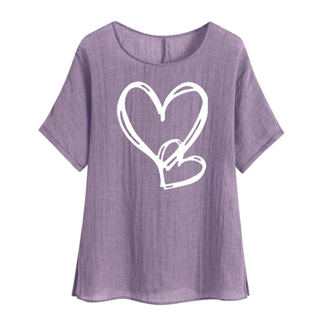 Plebaso Hauts à Manches Courtes en Coton et Lin pour Femmes, Col Rond avec Cœur, Chemises Décontractées Imprimées, Blouses Légères