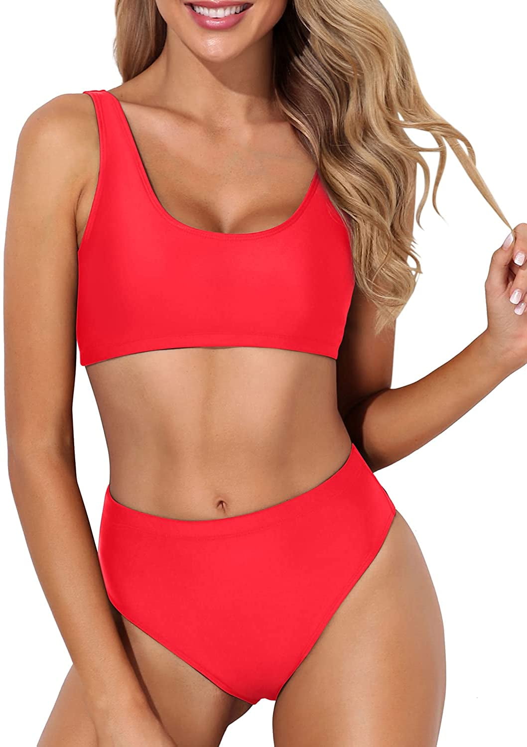 Tempt Me Women Two Piece Scoop Neck Bikini Crop Top High Cut Swimsuit Sporty High Waisted