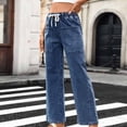 thumbnail image 2 of Miluxas Women's Pull On Straight Leg Casual Drawstring Jeans Loose Fit High Waisted Denim Pants with Pockets Perfecf for Daily Wear Dark Blue, 2 of 8