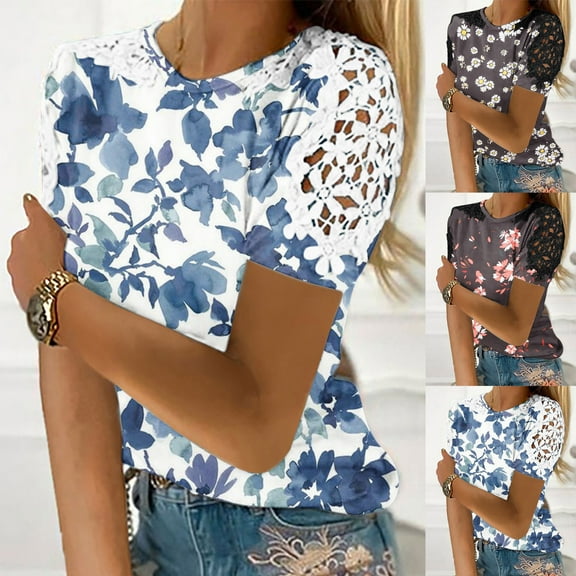 Womens Tops,Summer Tops for Women Trendy,Women's Fashion Summer Round Neck Leisure Short Sleeve Printed Lace Stitching Tops