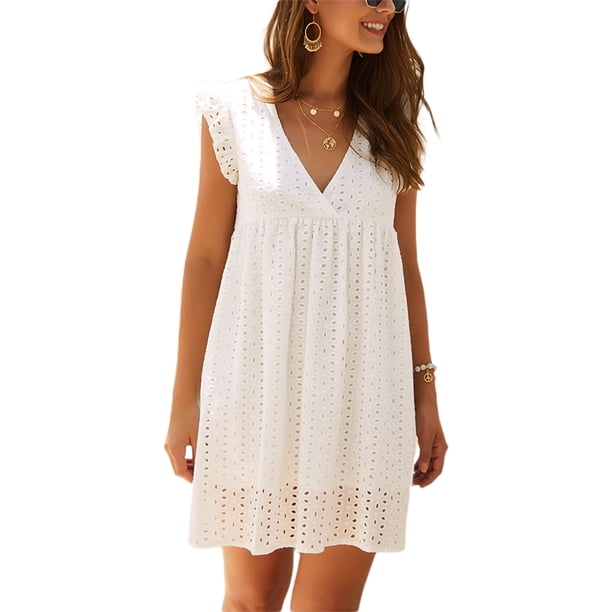 VISgogo Vestido casual para mujer, manga voladora, cuello en V, ahuecado, color sólido, suelto, vestidos acampanados VISgogo moda