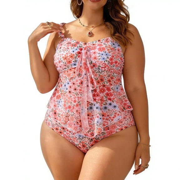 MecTo Plus Size Swimsuit for Women 2 Piece Tummy Control Bathing Suit High Waisted Floral Print Tankini