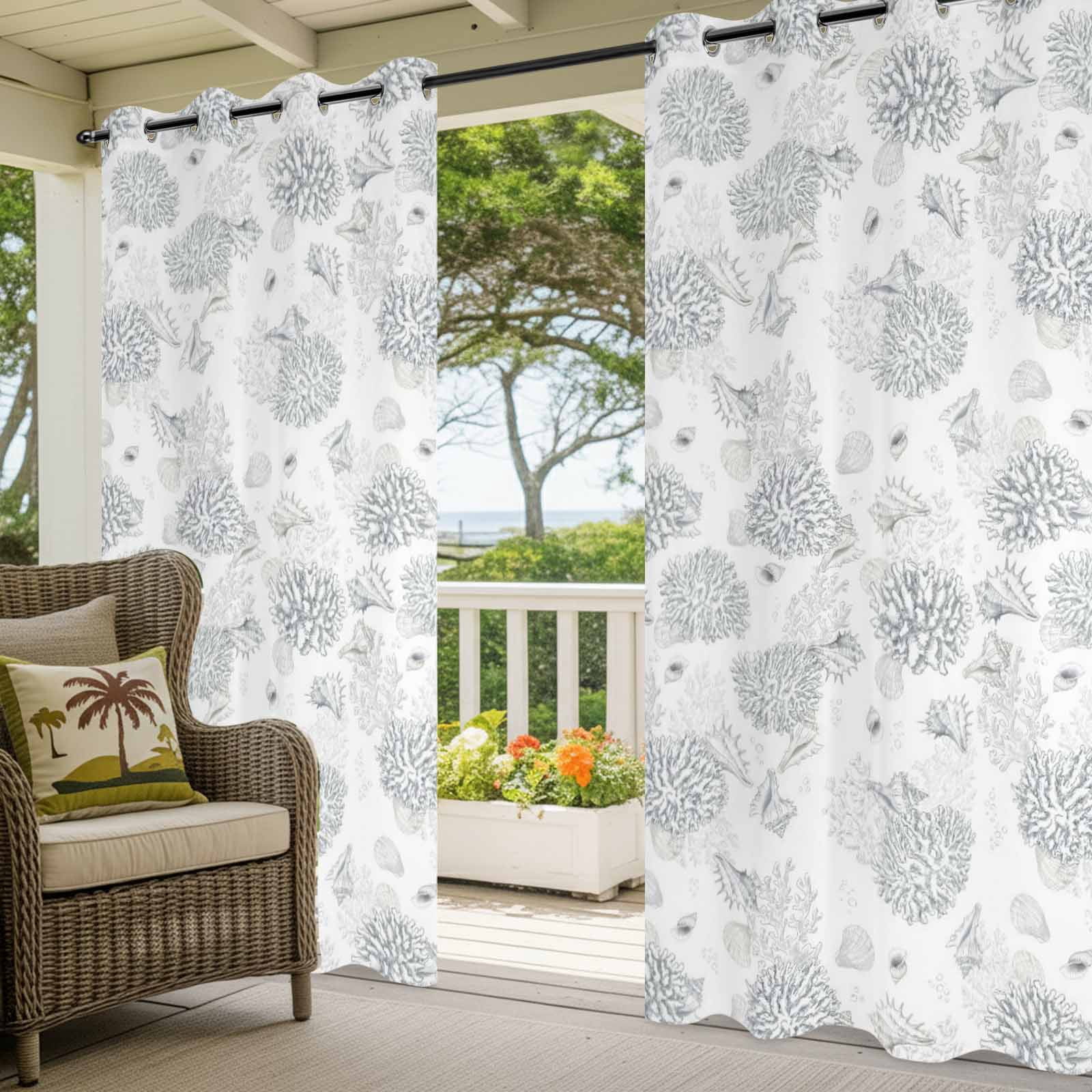 Summer Marine Life Outdoor Curtains for Patio, Abstract Line Drawing Coral Conch Coastal Sunshade Privacy Drapes Grommet Waterproof Outside Curtains for Porch/Cabana/Balcony 54"x 108", 1 Panel