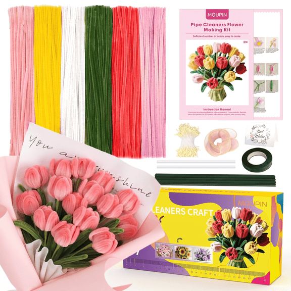 MQUPIN 450 Pcs Pipe Cleaners,12Inch 6 Colors Pipe Cleaners for Crafts DIY Flowers Kits Tulip Lily Rose Sunflower Thick Fluffy Pipe Cleaners Craft Supplies Adult Handmade Art Craft Decoration(Pink)