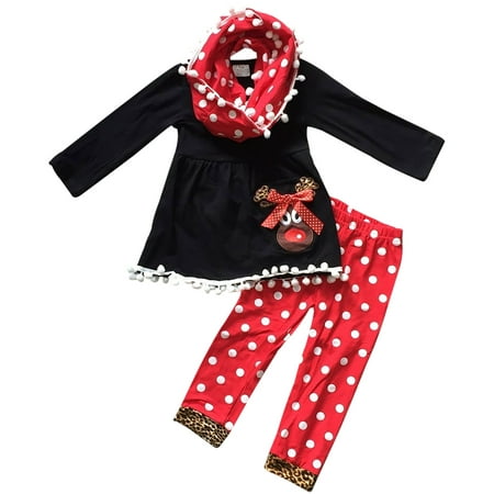 Toddler Girls 3 Pieces Set Reindeer Christmas Polka Outfit Top Scarf Pant Set Black Red 2T XS (P500244P)