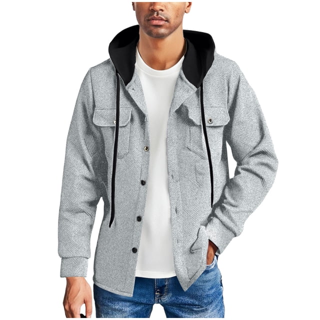 LIaqionyy Men's Jacket Long Sleeve Button down Jackets Hoodie Shacket Casual Fall Winter Work Tops with Pocket