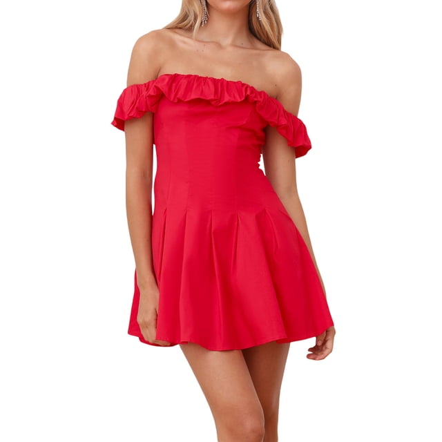 FOCUSNORM Robe Mini pour Femmes Sans Manches Dos Nu Épaules Dénudées à Volants Robe Trapèze pour Cocktail
