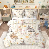 Homewish Kawaii Rustic Rabbit 7 Pieces Bedding Comforter Set,Colorful Country Floral Full Bedding Set,Beige Gray Fitted Sheet Flat Sheet For Girls Teens,Luxury Bedroom Decor Reversible