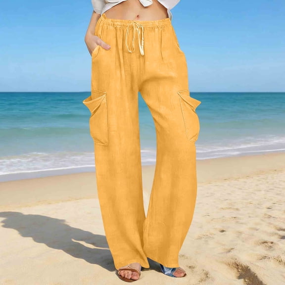 Xdegoge Drawstring Wide Leg Cargo Pants for Women Relaxed Fit Lounge Trousers with Side Flap Pockets Casual Comfy Breathable Everyday Bottoms