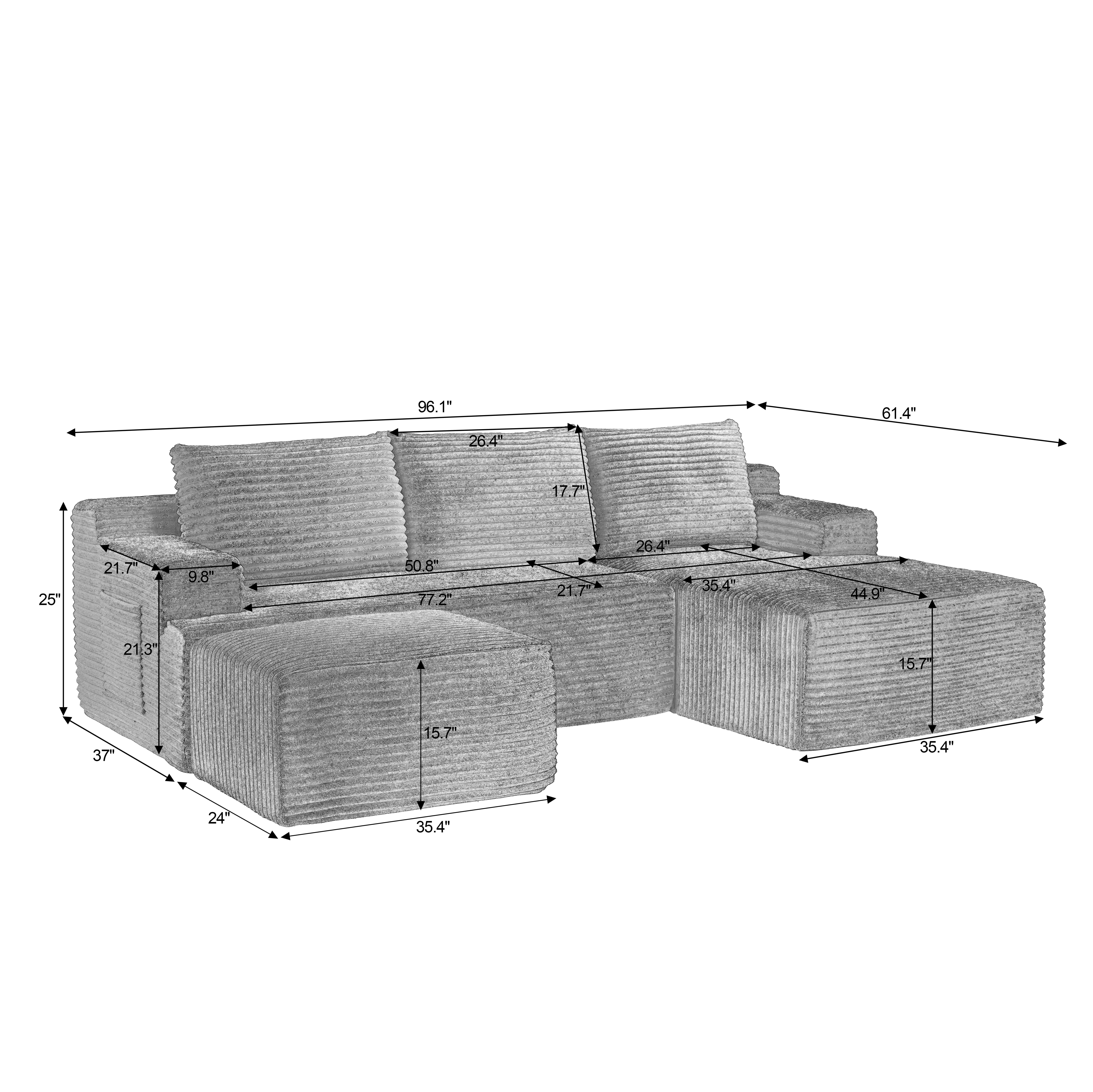 MAYEERTY Corduroy U-Shaped Modular Sofa, Cloud Couch with Sponge & Spring for Living Room, 96" Camel
