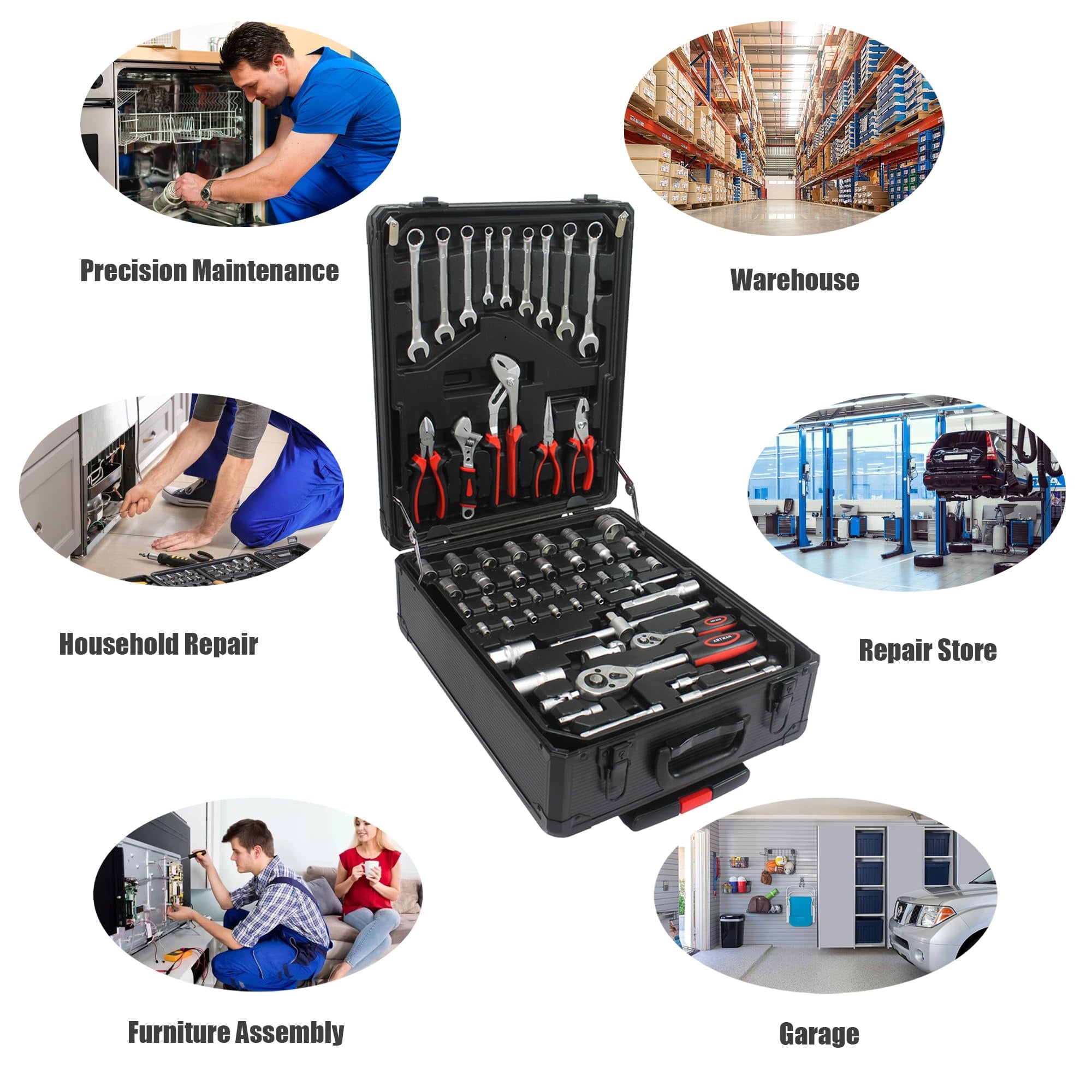 Aukfa 899 Pcs Tool Set, Household Tool Kit with Rolling Tool Box for Home Auto Repair, Black