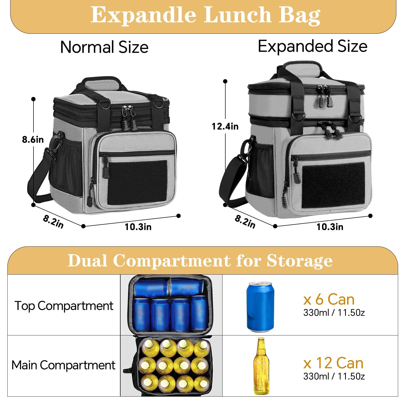 Lunch Box Cooler Bag - Expandable Insulated For Men Women Large Lunchbox Adults Work Shifts Outdoor Trips Grey 16l
