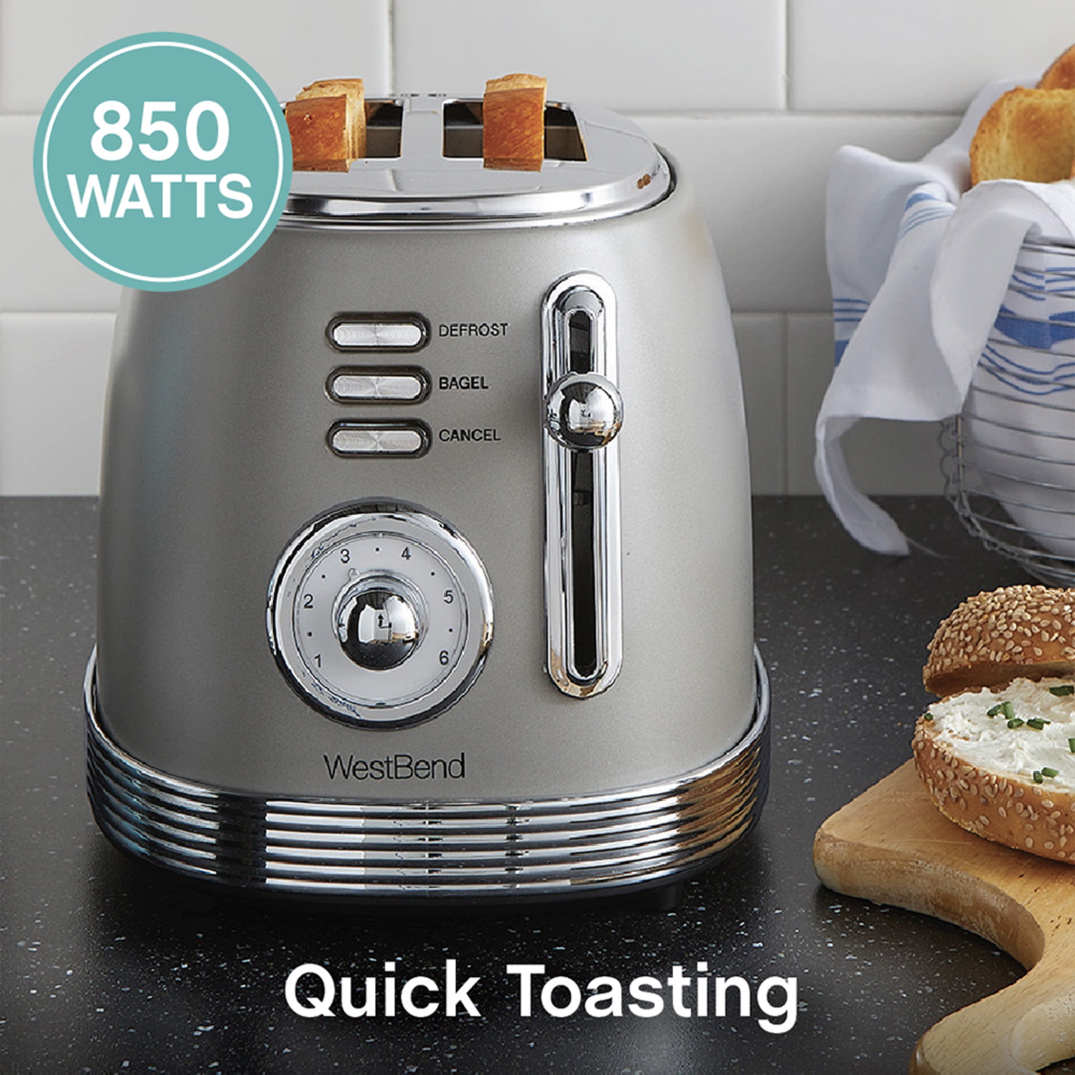 West Bend Retro-Styled 2-Slice Toaster with 4 Functions and 6 Settings, in Gray (TTWBRTGR13)