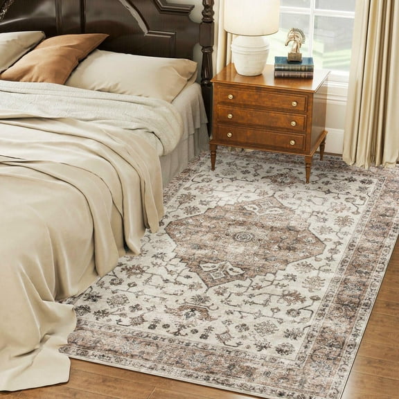Resenkos 5x7 Vintage Machine Washable Area Rug - Non-Slip Carpet for Living Room, Bedroom, Dining Room, Tan