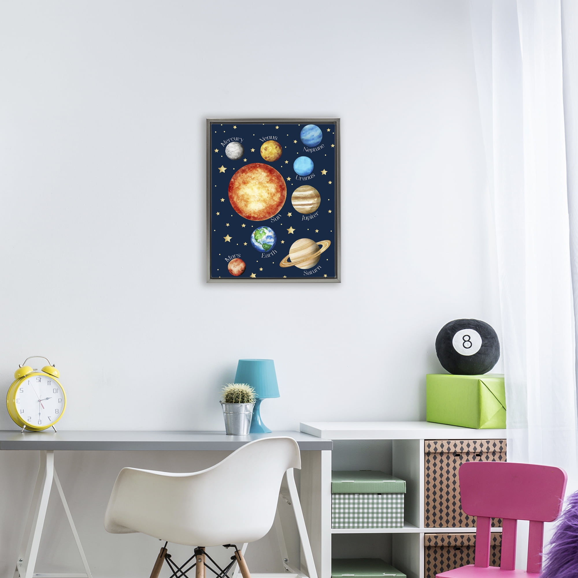 Educational Solar System Space Gray Framed Floater Canvas Wall Art, design by Christine Simpson Art