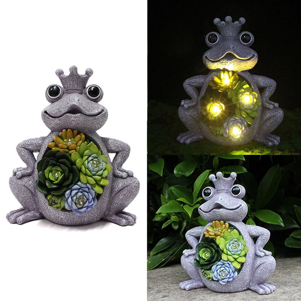 Solar Garden Statue Frog Figurine with Succulent 4 LED Lights Outdoor