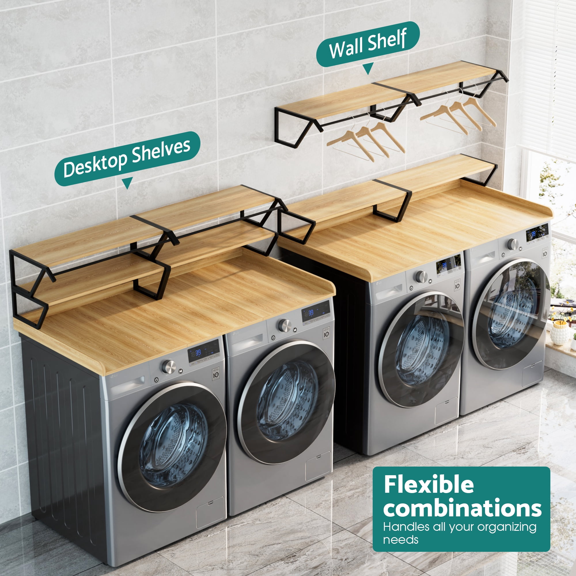 Advwin 54" Washer Dryer Countertop with Hanging Rod & Storage Shelves, Laundry Room Countertop Set, Washer and Dryer Topper with Anti-Slip Pads, Natural