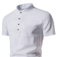 thumbnail image 4 of Men's & Big Short Sleeve Linen Henley Shirts Casual Band Collar Button Down Dress Shirt Summer Beach Wear with Pocket Size M-5XL White, 4 of 6