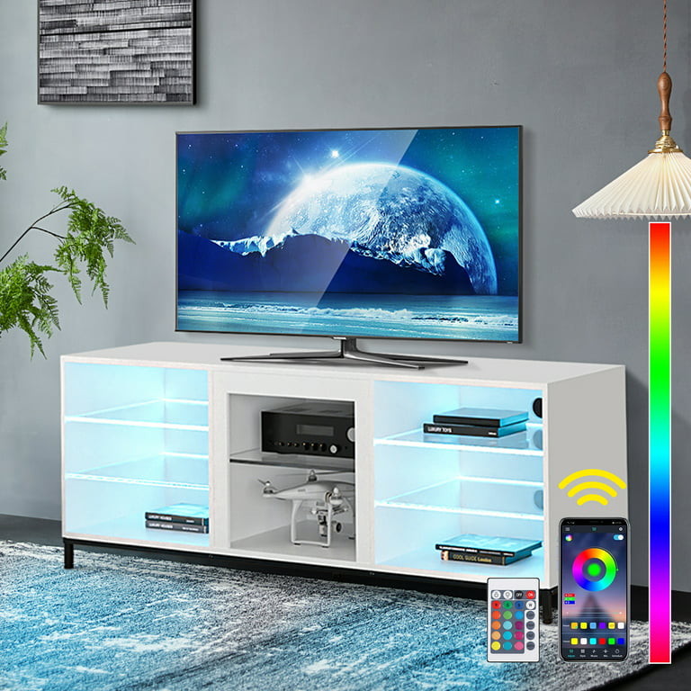 roterende Uhøfligt spin Hommpa LED TV Stand for 70" TV Modern Entertainment Center with LED Lights  Media Console Cabinet with Open Glass Storage Shelves for Gaming Living  Room - Walmart.com