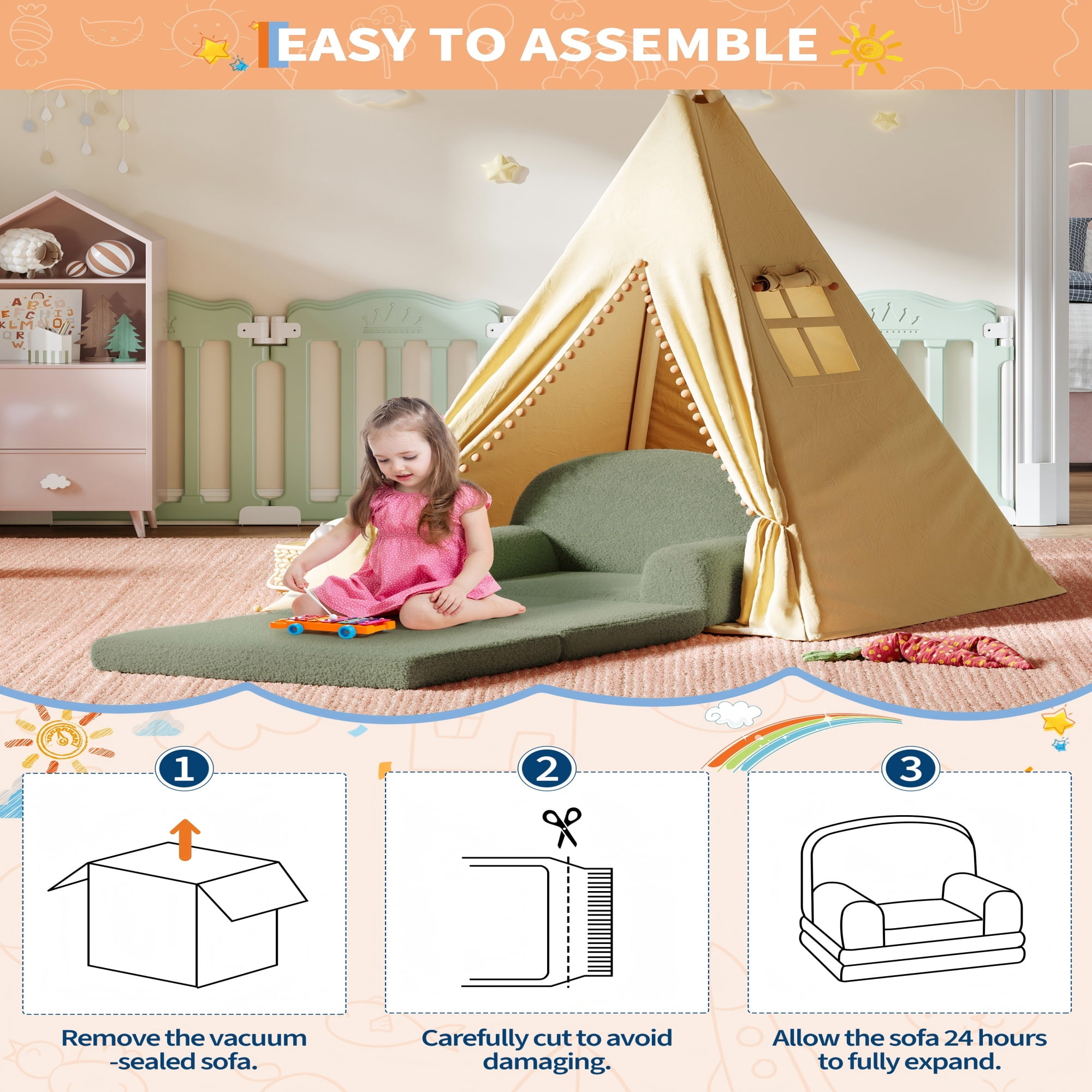 COZONY 2-in-1 Kids Sofa Chair, Convertible Toddler Couch Lounger, Fold-Out Teddy Fleece Sofa Bed