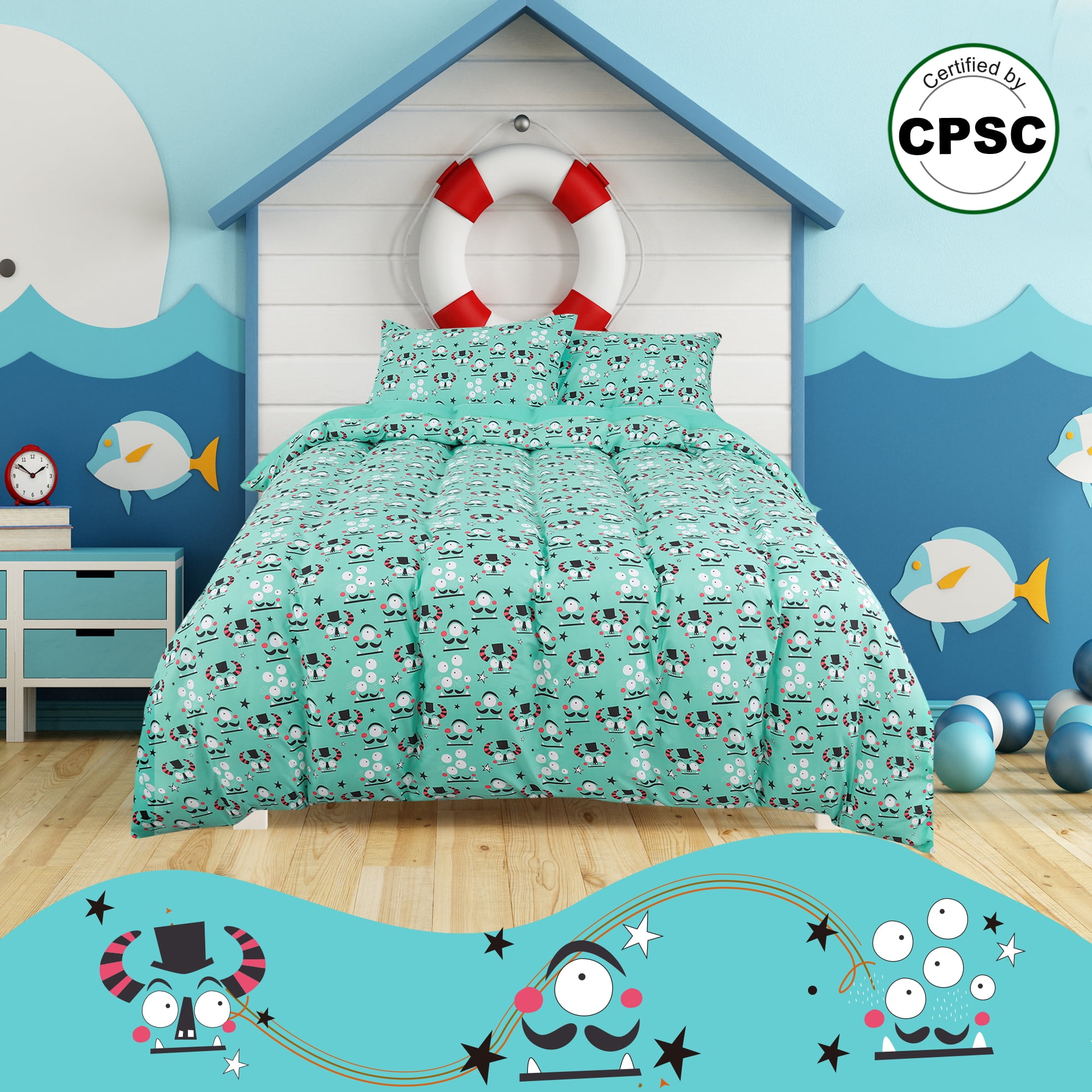 Unique Bargains 5 Piece Brushed Polyester Microfiber Alien Cartoon Pattern Kid Bedding Set Twin