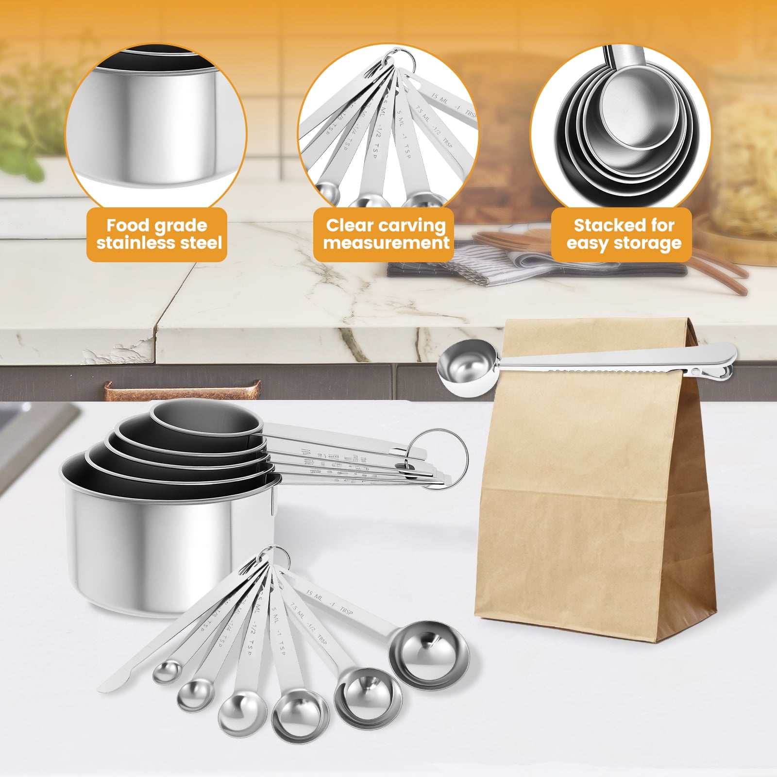 FUYGRCJ 13PCS Stainless Steel Measuring Cups and Spoons, Stackable Metal Measuring Cups and Spoons, Coffee Scoop Spoon, Kitchen Utensils Gadgets for Cooking & Baking