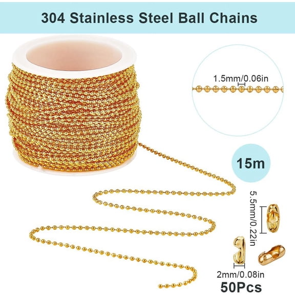 1 set 49 Feet/15M 1.5mm Brass Ball Chain Metal Bead Chains Gold Beaded Dog Tag Chains Roll Connectors Cord End Clasps Link for Jewelry Making Supplies Necklace Bracelet Women Hanging Ornament