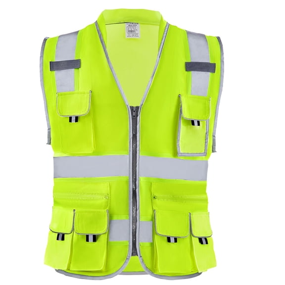 Dranite 10-Pocket Reflective Safety Vest, Bright Yellow Work Vest for Men & Women - Ideal for Warehouse, Cycling, Night Jobs
