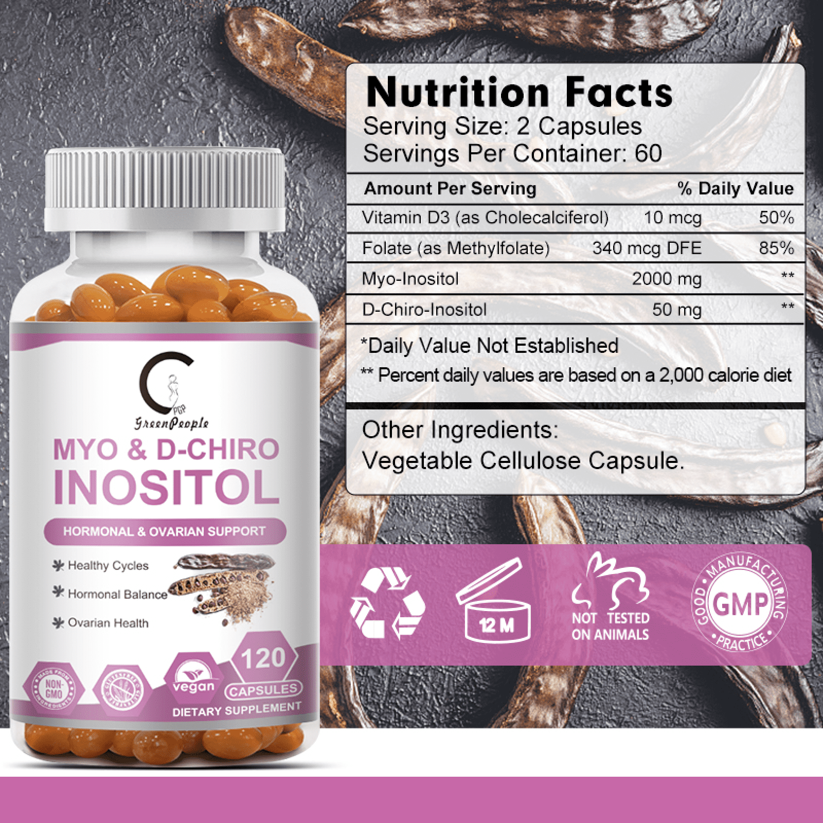 GPGP GREENPEOPLE Myo-Inositol & D-Chiro Inositol Supplement, Hormonal & Metabolic Balance for Women, 120 Capsules