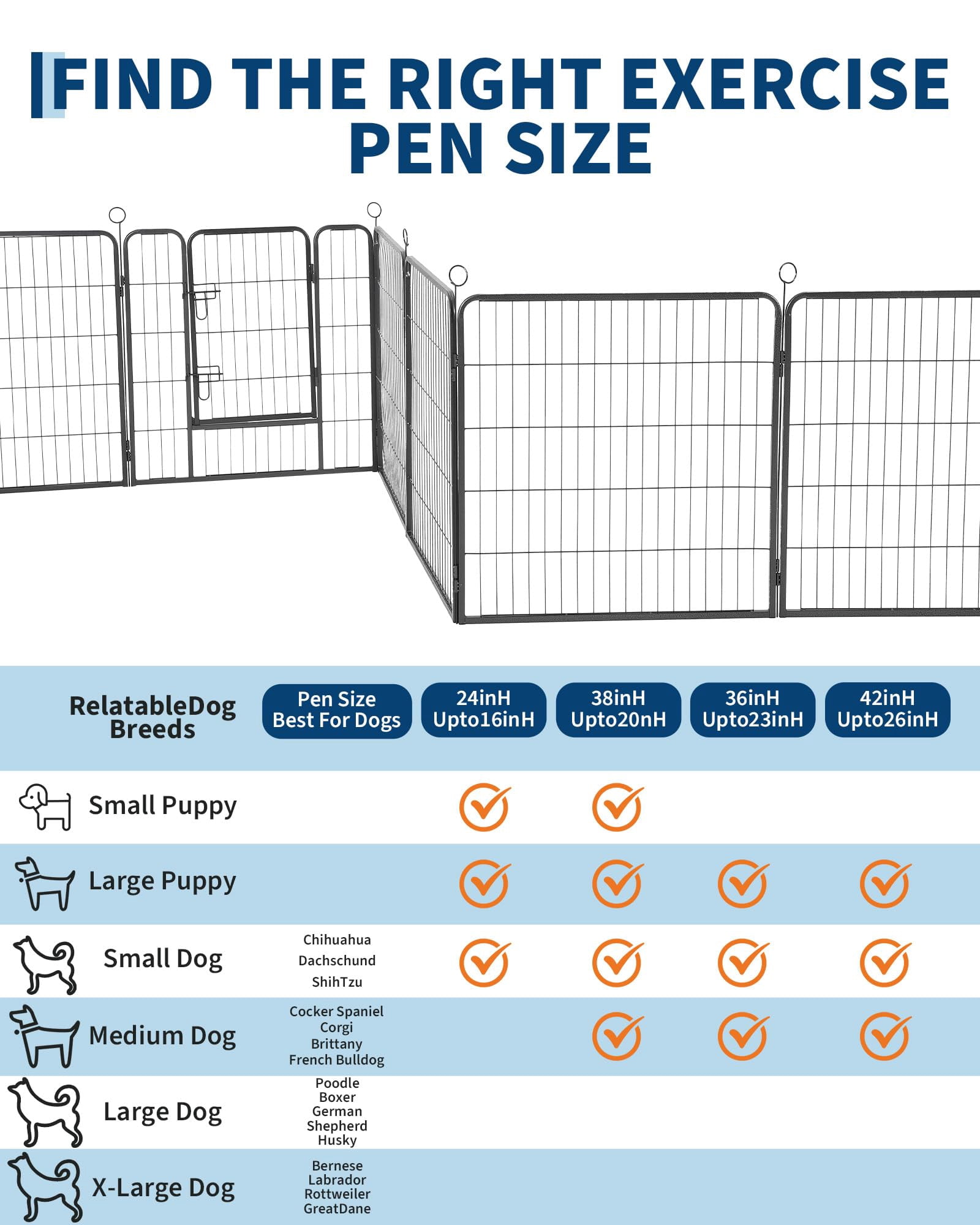 Outdoor Dog Playpen,Heavy Duty Metal Pet Exercise Pen,24 Inch, 8 Panels Metal Dog Fence with Gate, Pet Fence for Large/Small Dogs, Portable Dog Fence for RV Camping, Yard,32*24in