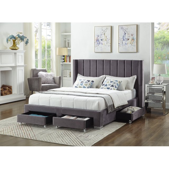 Lit de Rangement en Tissu Velours Gris avec Tête de Lit à Ailes - Très Grand