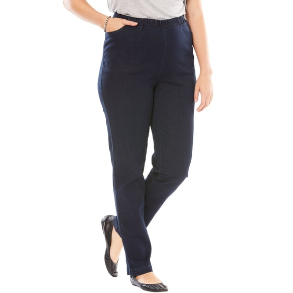 Woman Within Plus Size Tall Straight Leg Fineline Pull-On Stretch Denim Jeans