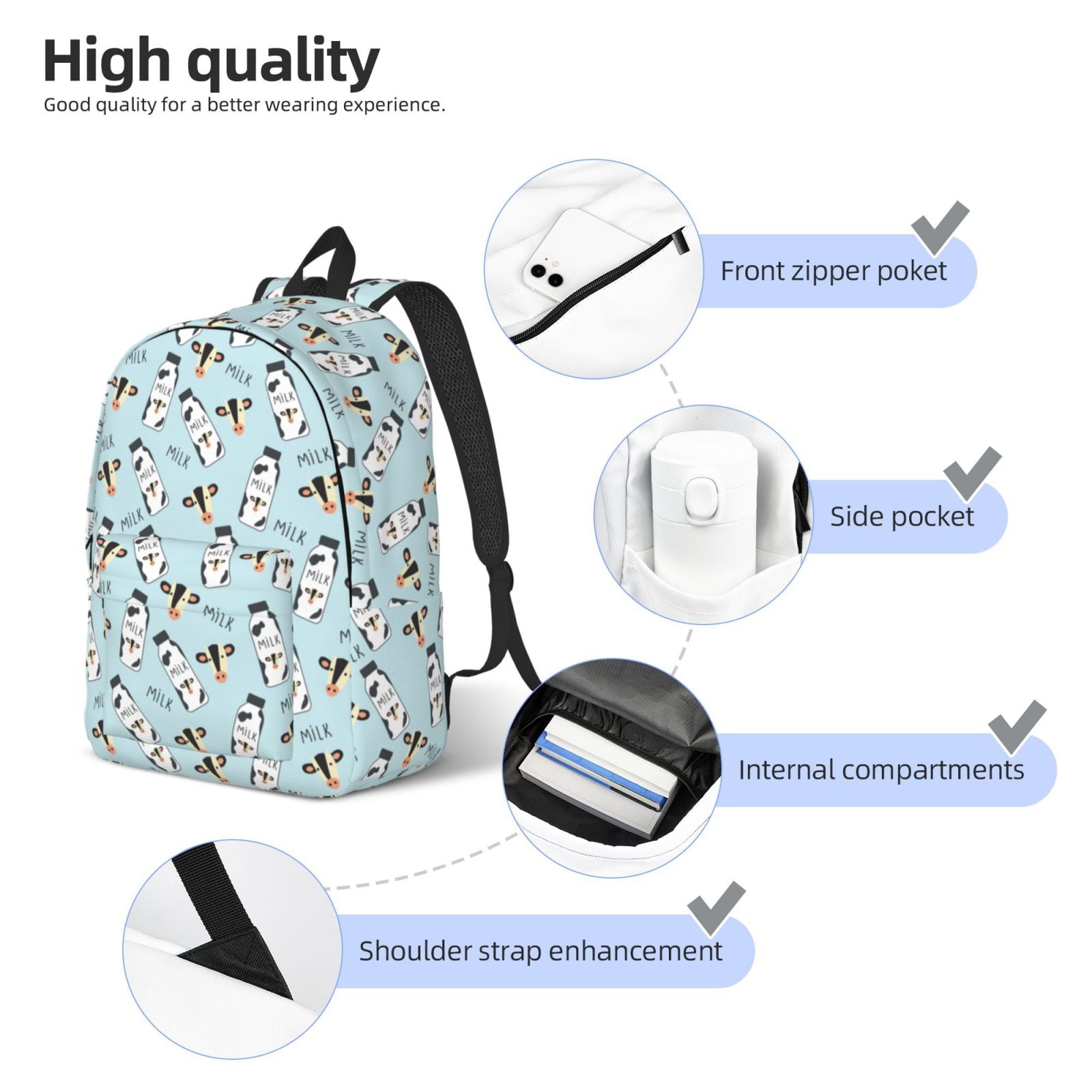 Vsdgher Milk Bottles And Cow Head Print Canvas Backpack Travel Rucksack Unisex Knapsack 15.7/17.7Inch Laptop Backpack for Work,College -Medium