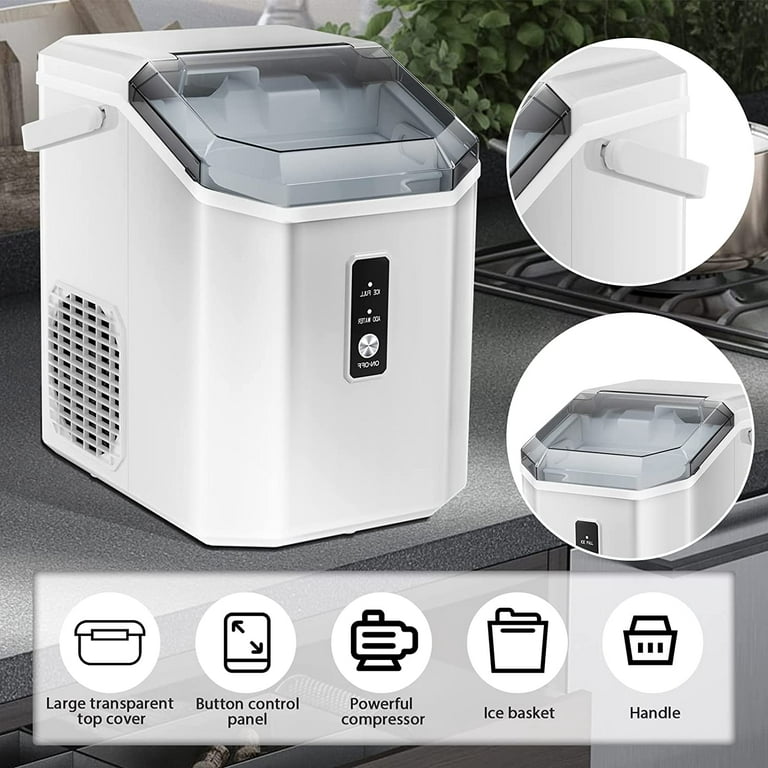 KISSAIR Nugget Ice Maker Countertop with Soft Chewable Pellet Ice, Portable Ice  Machine with Handle, 34lbs/24H, One-Click Operation for Home/Party (White)  